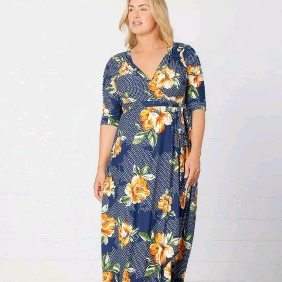 NWT Kiyonna Dress Meadow Dream Style Navy/Orange Floral 4x Maxi Wrap Dress Rare - Picture 2 of 7